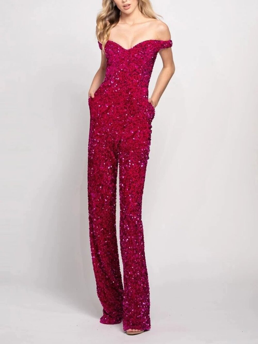 Sophia Thomas Magenta Soft Sequin Off The Shoulder Jumpsuit